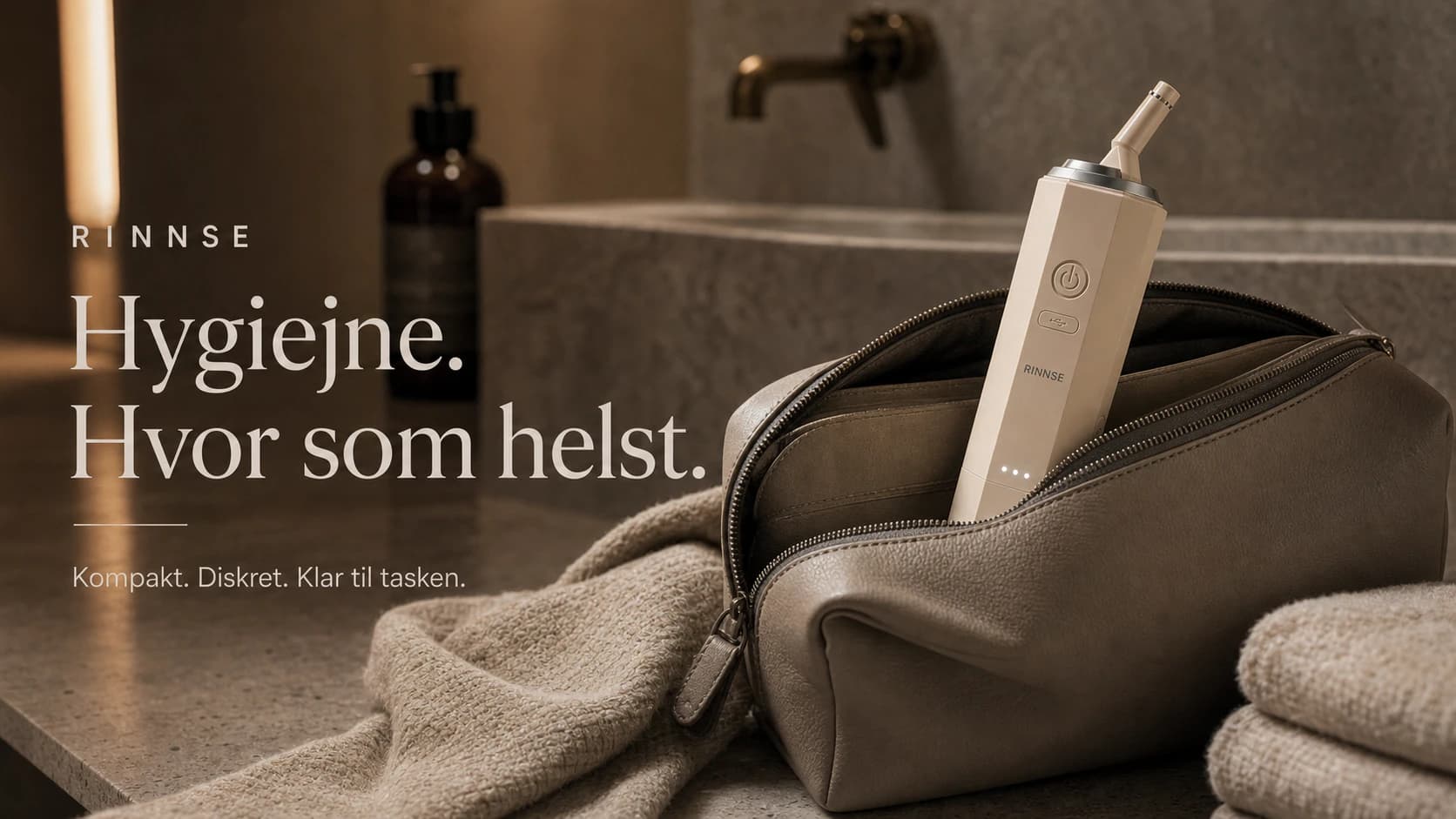 RINNSE rejsebidet pakkes ned i arbejdstaske — friskhed på farten