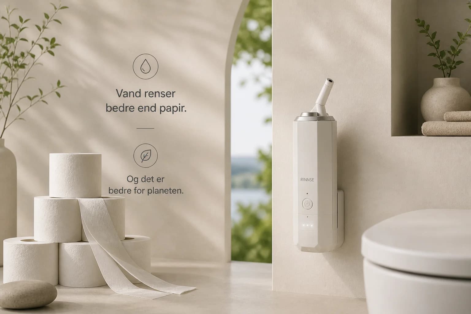 Vandbaseret intimhygiejne med RINNSE frem for toiletpapir i moderne badeværelse